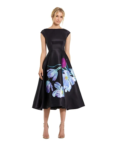 Mac Duggal Petite Satin Cap Sleeve Midi Dress With Floral Print
