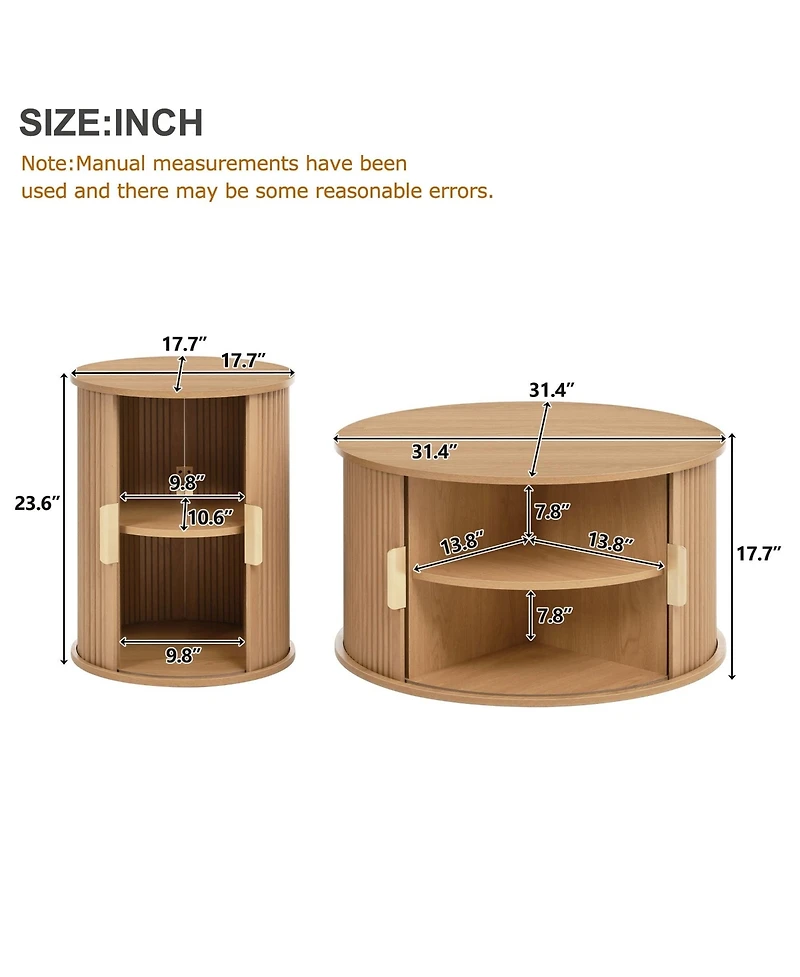 Coffee Table Set with Sliding Tambour Door and Round Fluted End for Living Room