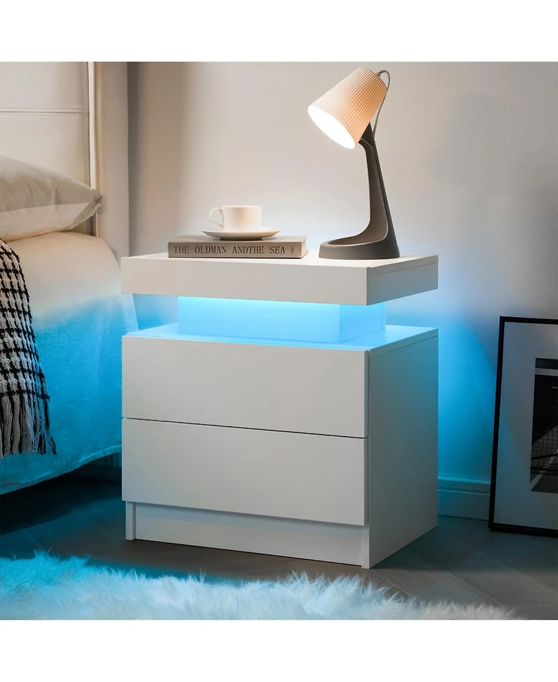 Rainsken Led Nightstand with 2 Drawers, Bedside Table Cabinet with Adjustable Color Lighting, Modern End Side Table for Bedroom, Living Room