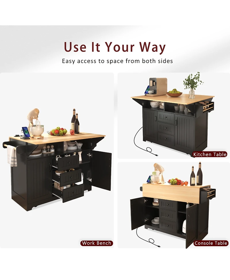 Boyel Living 45.4" Farmhouse Black Rolling Kitchen Cart on Wheels with Storage Cabinet