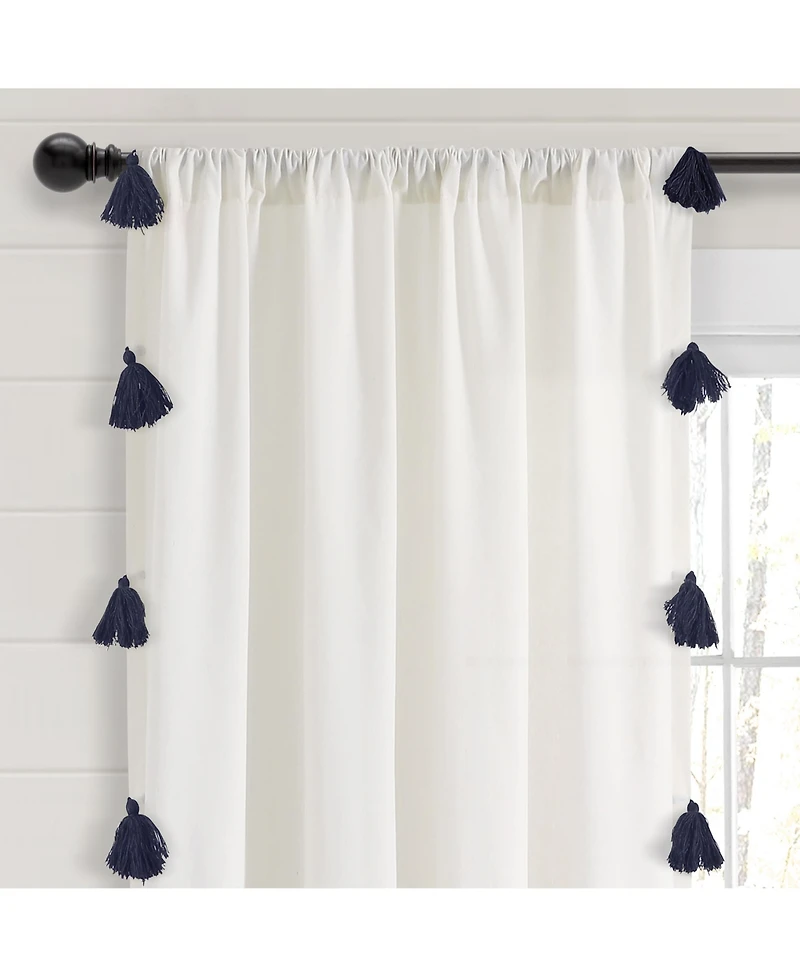 Lush Decor Boho Faux Linen Texture Tassel Window Curtain Panel Single 52"W x 84"L White & Navy - White Curtains For Bedroom