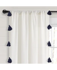 Lush Decor Boho Faux Linen Texture Tassel Window Curtain Panel Single 52"W x 84"L White & Navy - White Curtains For Bedroom
