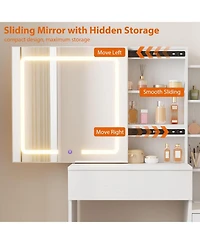 Gaomon Vanity Desk with Sliding Lighted Mirror, 4 Drawers, Stool & 3 Light Modes