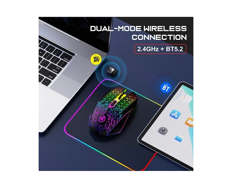 Risokeys Dual Mode Wireless Gaming Mouse 2.4G and Bluetooth 5.2 Rgb Silent 3 Speed Dpi