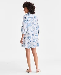 Charter Club Women's 100% Linen Print Button-Front 3/4-Sleeve Dress, Macy's Exclusive