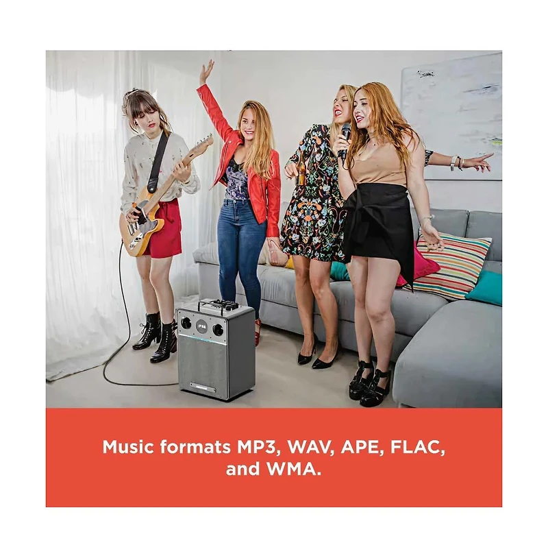 RadioShack 110W Wireless Speaker, Bluetooth/Usb/Aux, Guitar & Mic, Led Lights Metallic Finish and Grill For Powerful Sound – 4001986