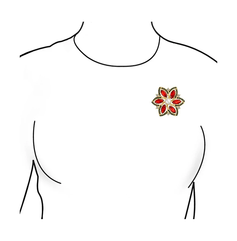 Bling Jewelry Red Marquise Colorful Crystal Simulated Pearl Fashion Large Statement Holiday Christmas Poinsettia Flower Scarf Brooch Pin Gold Plated