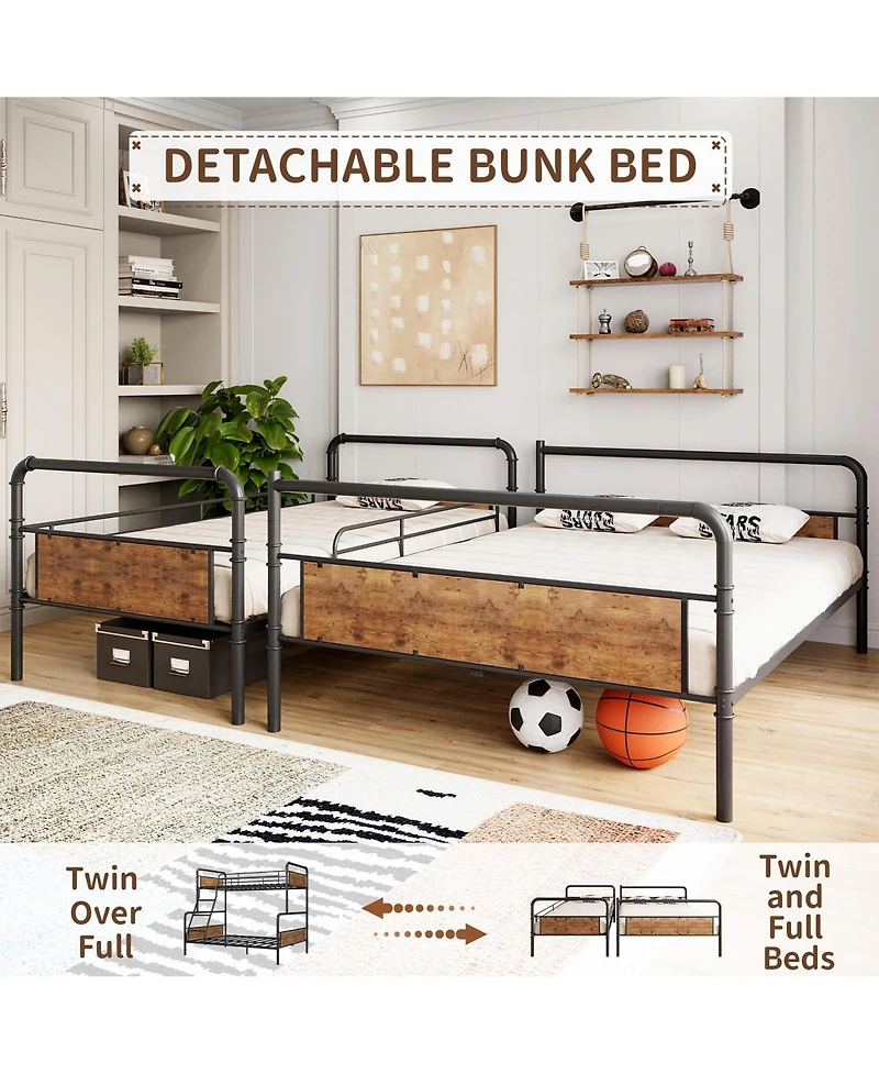 gaomon Bunk Bed Twin Over Full with High Guardrail and Ladder, Convertible Metal Bunk Beds