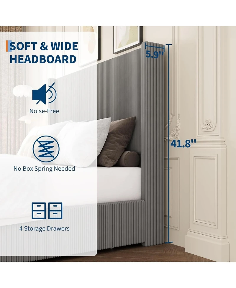 gaomon Queen Bed Frame with 4 Storage Drawers, Corduroy Wingback Headboard, Wood Slats, Noise-Free Platform, Grey