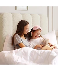 gaomon 2 Sets Twin Bed Frame with Under-Bed Drawer, Upholstered Platform Bed with Wave Headboard for Kids/Girls, Wooden Slats Support