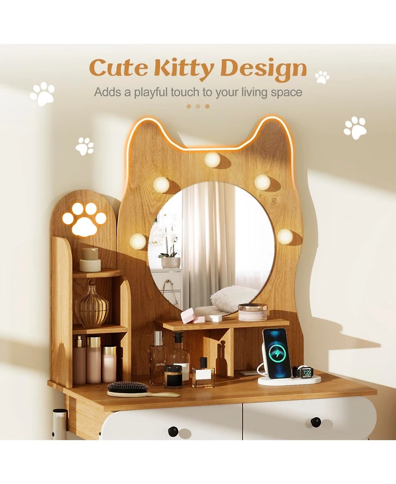 Volenca Small Kitty Vanity Desk with Lighted Mirror and Power Outlets, Makeup Table