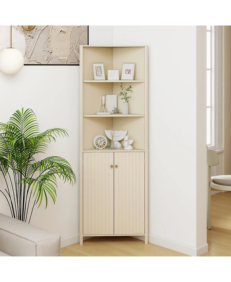 Volenca 68" Tall Corner Bathroom Cabinet with 5 Shelves and 2 Fluted Doors, Space-Saving