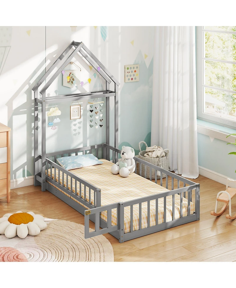 Slickblue House Style Twin Floor Bed with Decorative Headboard - 48