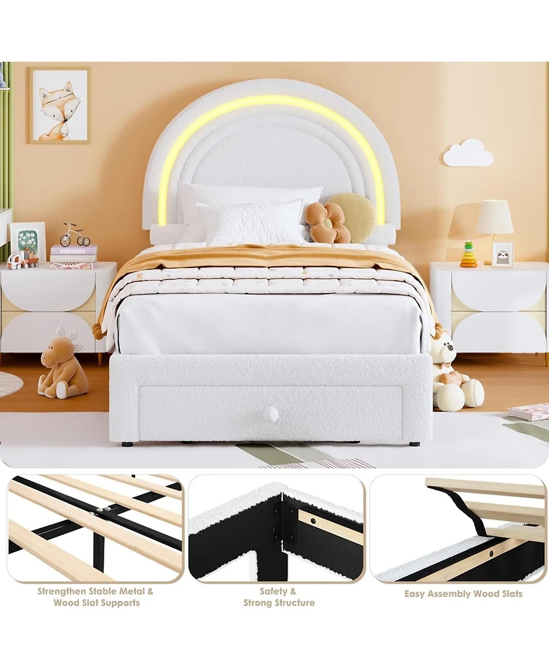 gaomon Twin Led Bed Frame with Storage Drawer, Rainbow Headboard, Fleece Princess Platform for Kids, Wood Slats