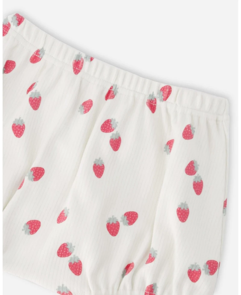 Deux par Baby Girls Cotton Rib Jersey Top and Short Set White Printed Strawberries