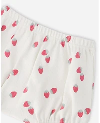 Deux par Baby Girls Cotton Rib Jersey Top and Short Set White Printed Strawberries