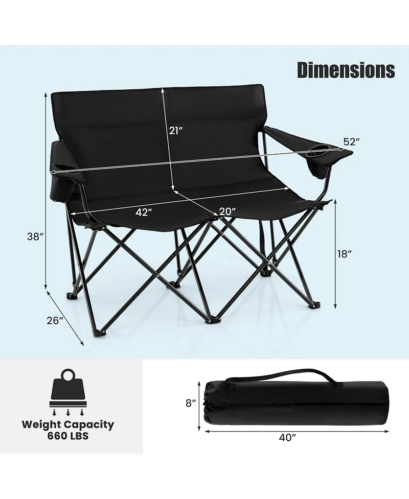 Mecale Camping Loveseat Chair for 2 with Cup Holders, Folding Outdoor Seat