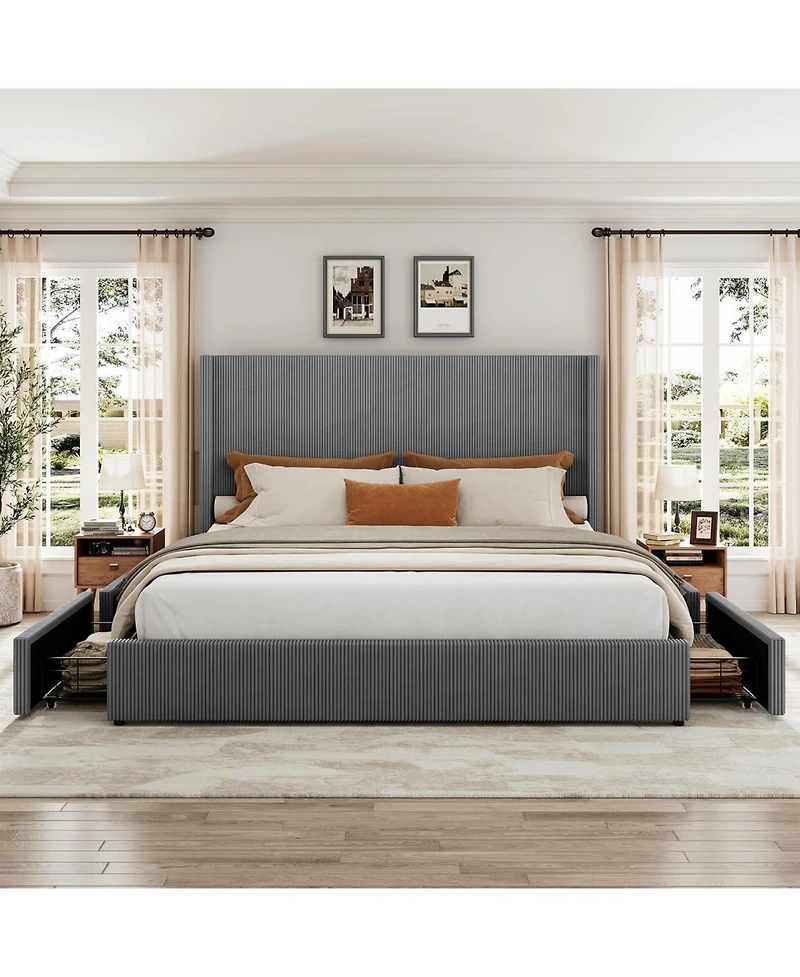 Gaomon King Bed Frame with 4 Storage Drawers, Corduroy Wingback Headboard, Solid Wood Slats, Quiet Platform, Grey