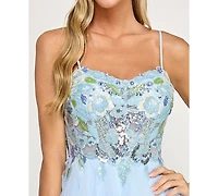 Say Yes Women's Beaded Corset Ruffle V-Neck Ball Gown