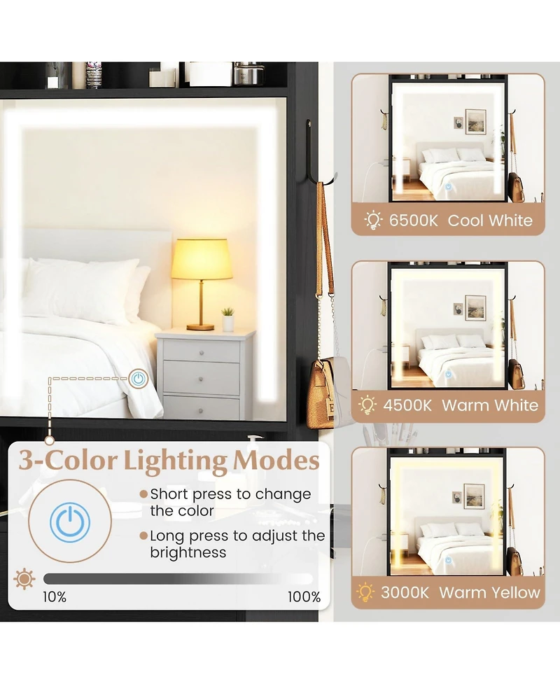 Volenca Space-Saving Vanity Desk with Lighted Mirror and Lights, Bedroom Makeup Table