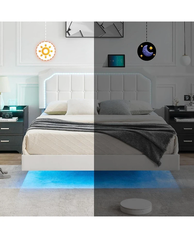 gaomon Queen Floating Platform Bed with Rgb Led Lights, Adjustable Upholstered Headboard, Button-Tufted, Easy Assembly