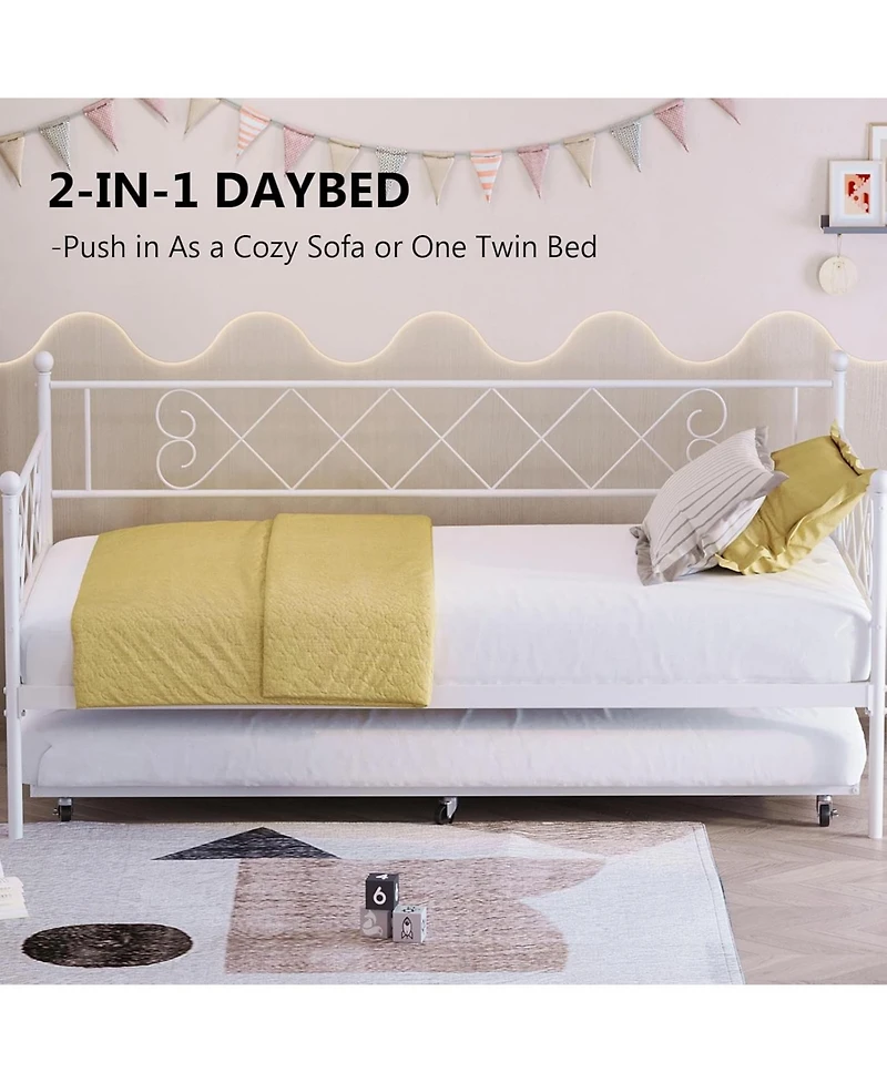 gaomon Twin Daybed with Trundle, Heavy-Duty Metal Slats, Upholstered Headboard, Space-Saving, White