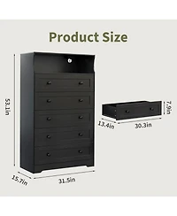 gaomon Modern Drawer Dresser for Bedroom, Tall Wooden Chest of Drawers with Open Shelf, Led Lights & Charging Station Dresser for Closet, Living