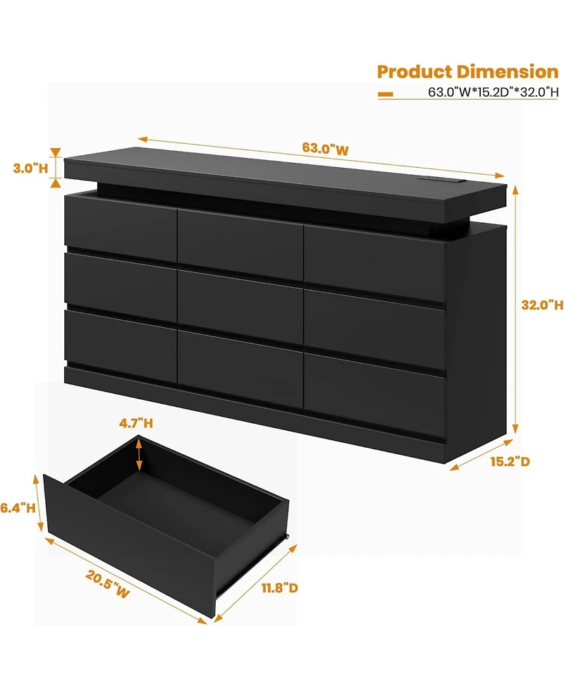 gaomon 63” Wide Chest of Drawers with Led Light and Charging