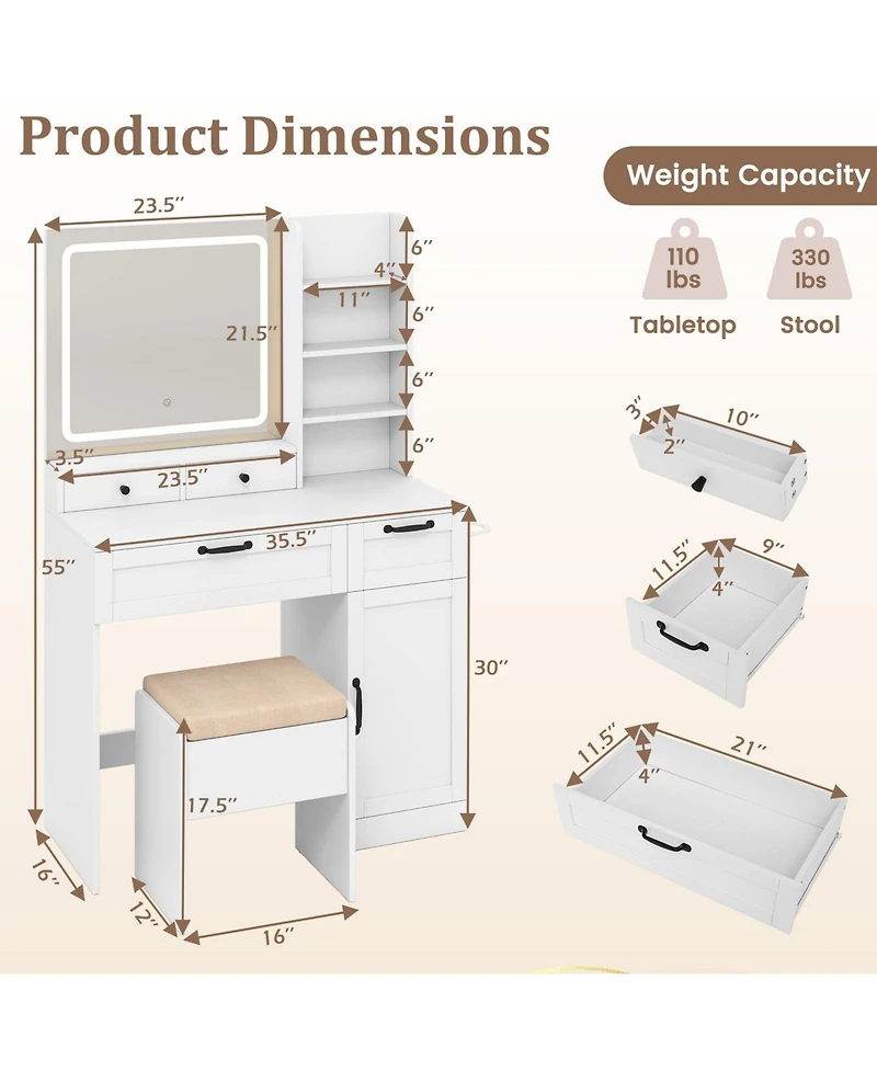 Volenca Vanity Set with Lighted Mirror, 3 Lighting Modes, and Adjustable Brightness