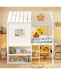 Slickblue Pine Wood / Plywood / Engineered Wood Led Lighting and Built-In Bookshelf Kids Twin Loft Bed - 44