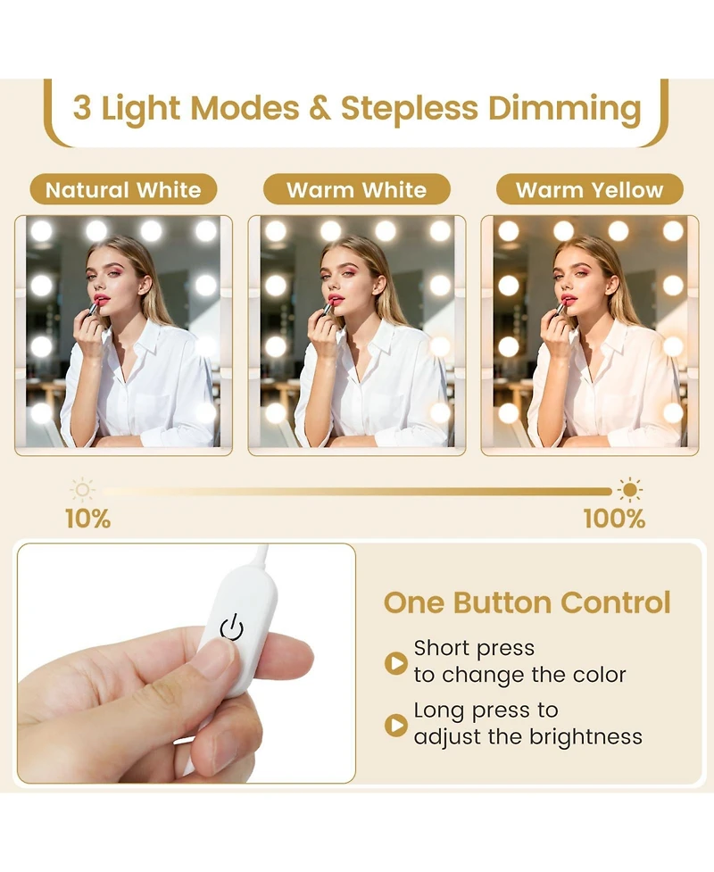 Volenca Vanity Desk and Cushioned Stool Set with Lighted Mirror and Lights, Makeup Table