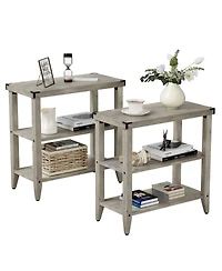 Gaomon Grey Farmhouse End Table, 3 Tier Rustic Side Table, Narrow Sofa Table Set of 2 with Ample Storage Shelf, Rectangular Nightstand