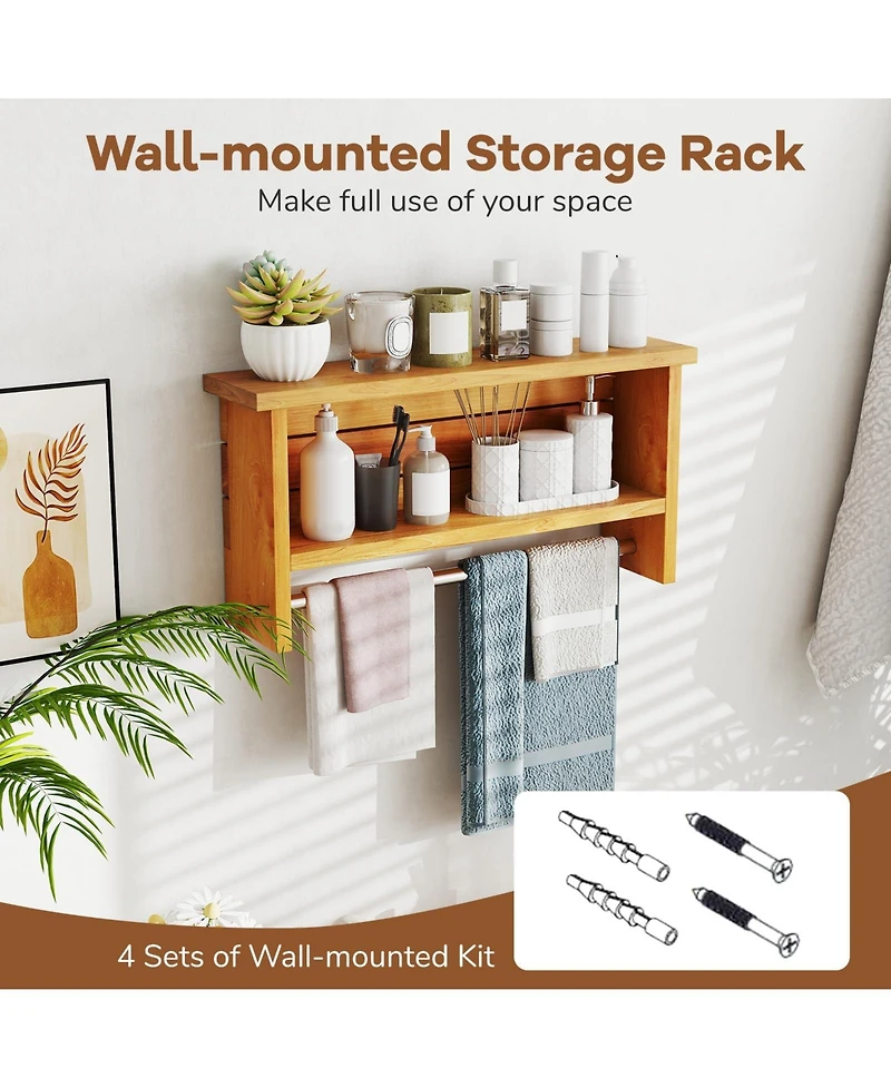 Volenca Wall-Mount 2-Tier Solid Teak Wood Bathroom Shelf with Towel Bar