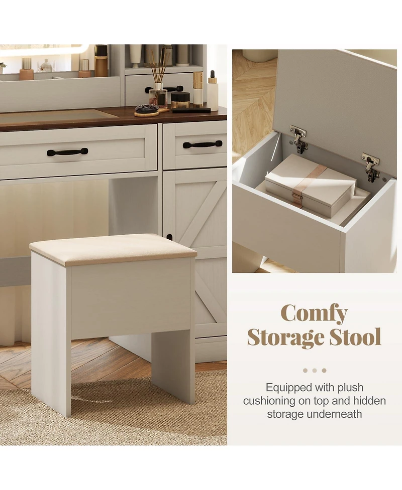 Volenca Farmhouse Vanity Desk with Lighted Mirror, Makeup Dressing Table