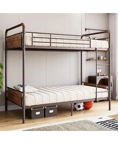 gaomon 2-in-1 Twin Metal Bunk Bed, Convertible Loft Frame with Guardrails & Ladder, Heavy Duty, Brown
