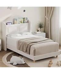 gaomon, Twin Bed Frame for Kids, Velvet Princess Platform, Wingback, Bookcase Headboard, Led Lights, Beige