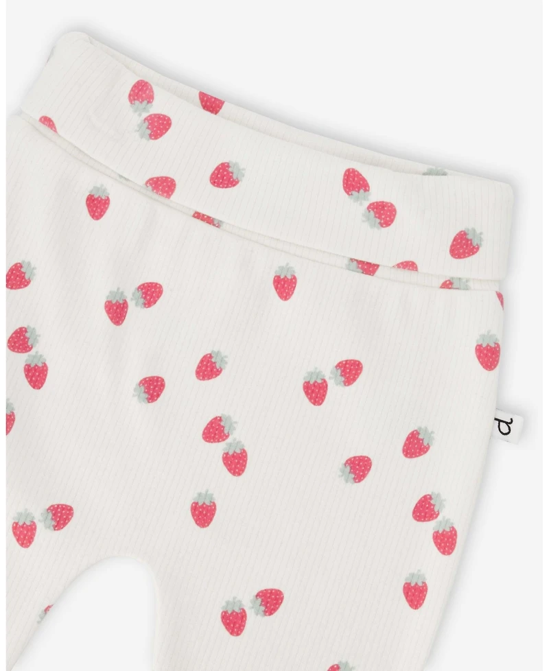 Deux par Baby Girls Cotton Jersey Evolutive Pants White Printed Strawberries