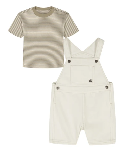 Calvin Klein Baby Boys' Striped Top and Natural Denim Shortalls, 2-Piece Set