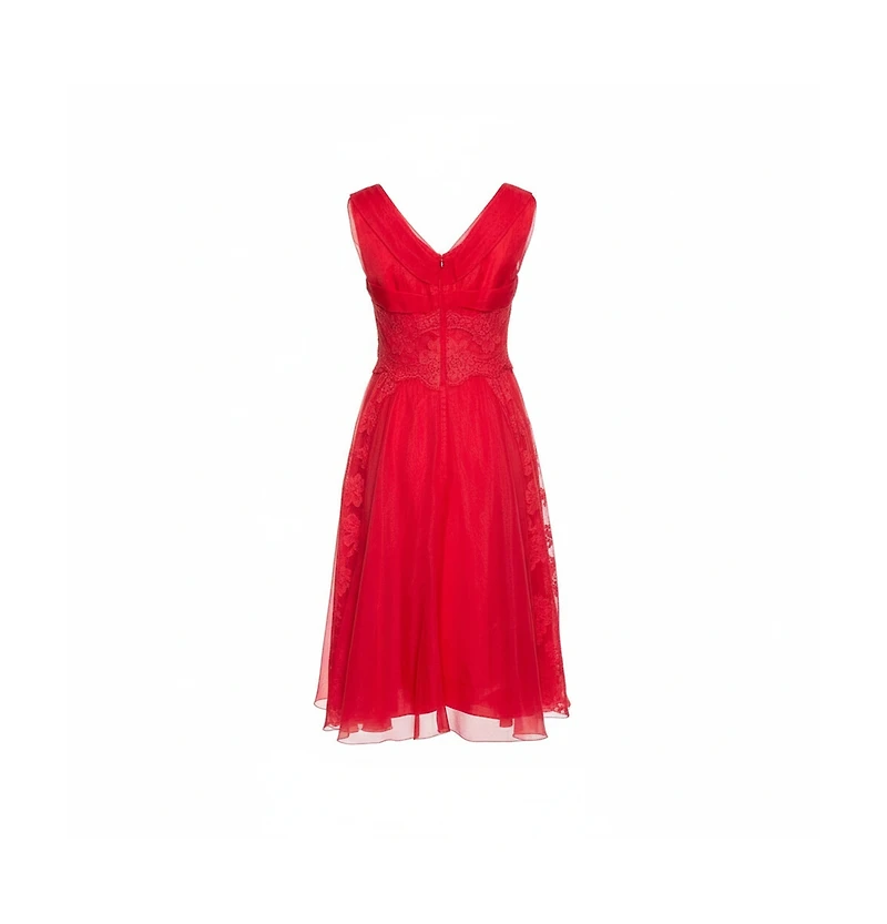 Pre-Owned Dolce & Gabbana Women's Red Silk Organza Lace Trim Flared Dress