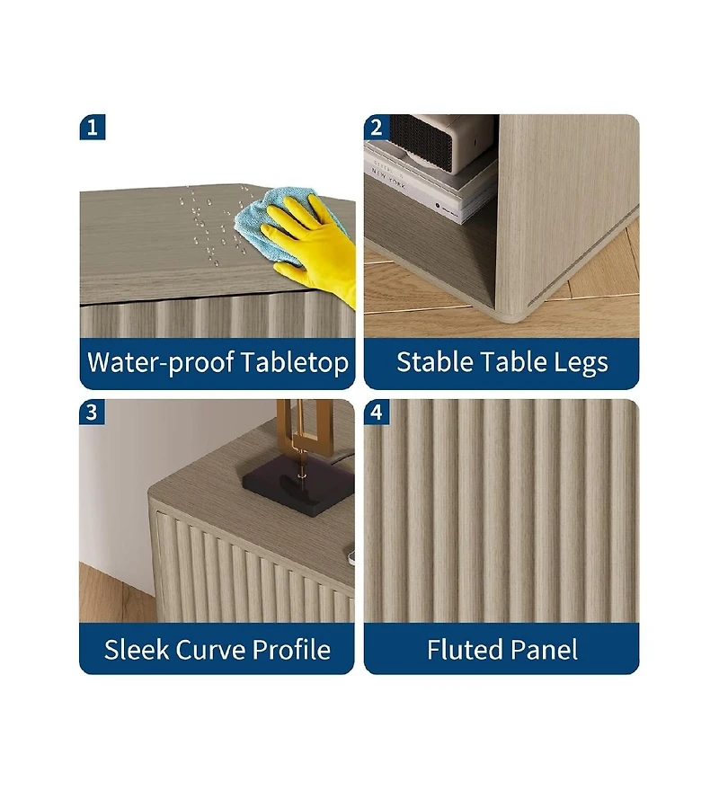 Gaomon Set of 2 Grey Oak Fluted Nightstands with Led & Charging