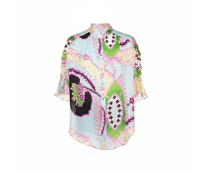 Pre-Owned Roberto Cavalli Women's Multicolor Abstract Printed Silk Ruffle Sleeve Blouse