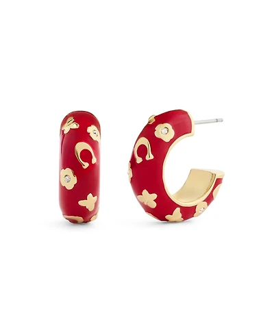 Coach Red Signature C Floral Chubby Hoop Earrings