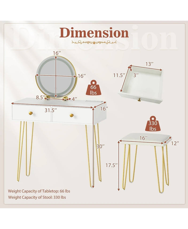 Volenca Vanity Desk with Adjustable Lighted Mirror for Bedroom, Makeup Dressing Table