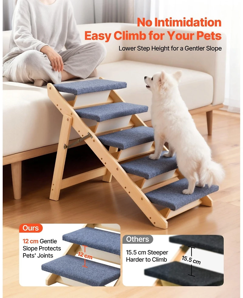 Cozito -Step Wooden Pet Stairs for Bed, Sofa, or Car, Foldable Flat Design
