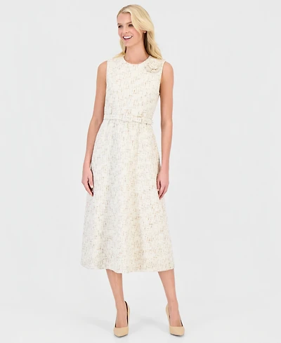 Anne Klein Women's Tweed Rosette Belted Midi Dress
