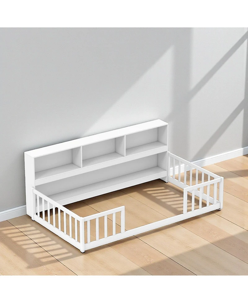 Slickblue Kids Twin Floor Bed with Bookcase and Montessori Design