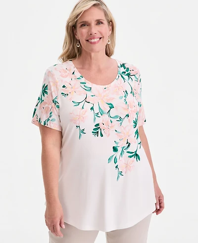 Jm Collection Plus Printed Scoop-Neck Short Sleeve Top, Macy's Exclusive