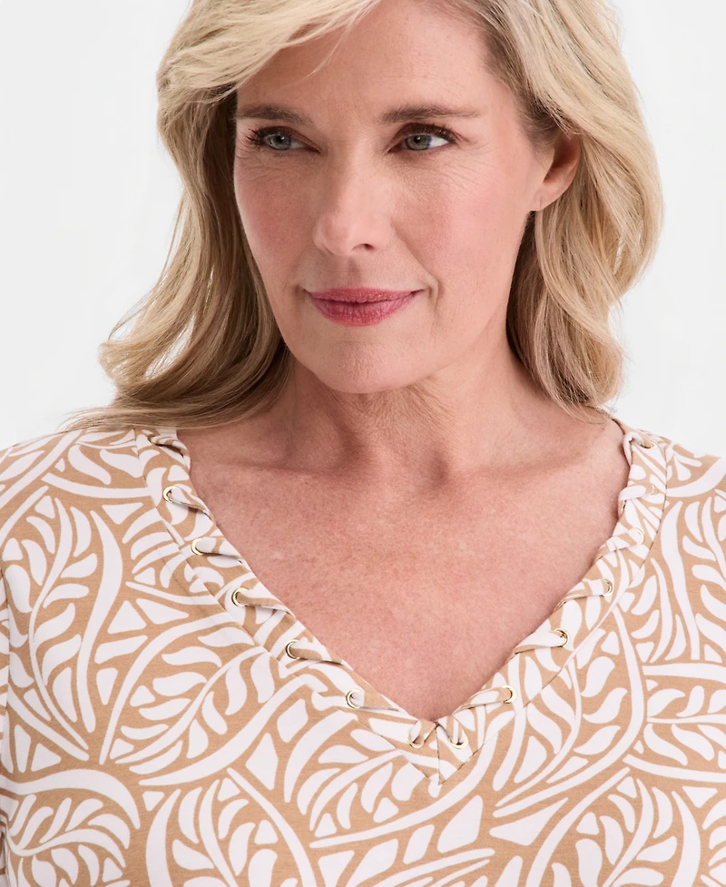 Jm Collection Plus Printed Grommet Knit V-neck Top, Macy's Exclusive