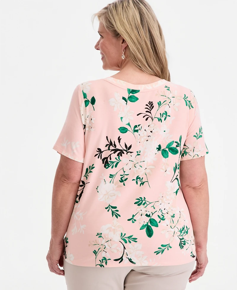 Jm Collection Plus Reve Garden V-Neck Lace-Up T-Shirt, Macy's Exclusive