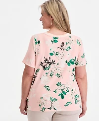 Jm Collection Plus Reve Garden V-Neck Lace-Up T-Shirt, Macy's Exclusive